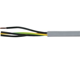 Fleksibelt styrekabel, 18G0,75 PUR JZ TR, med tre indre ledere: sort, sort/gul samt en kobberleder, beskyttet af grå PUR-kappe.