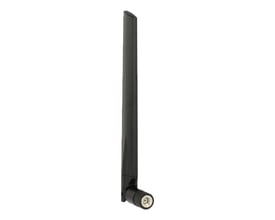 Sort DeLock dualband-WLAN-antenne med lang, slank antenne og RP-SMA-hanstik, set skråt fra siden.