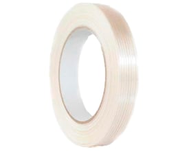 Rulle med klar, ligearmeret Roliba filamenttape, 19 mm x 50 m, til stærk lukning af emballage.