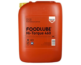 Bagside af Rocol Foodlube Hi-Torque 460 gearolie beholder, viser produktinformation, NSF og Halal certificeringer, samt stregkode.