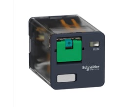 Schneider Electric Harmony RUM stikbensrelæ med 3 CO kontakter, 10A mærkestrøm og 220V DC kontrolspole.