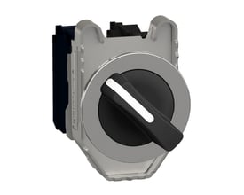 Nærbillede af Schneider Electric drejegreb i metal, viser 3 positioner og 2NO kontaktelementer på en hvid baggrund.