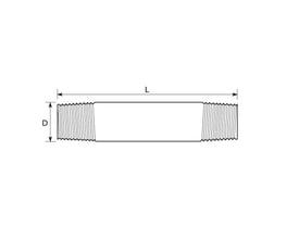 Teknisk tegning af Indura nippelrør på 300 mm x 2" med gevind i begge ender og markering af længde og diameter.