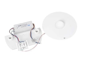 Louis Poulsen Skot LED-upgradekit i hvid med synlige ledningsdele og rund, opal afskærmning til armaturet.
