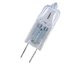 Osram Halostar 20W 12V G4 ovnpære med G4 sokkel og to stifter, lavet af klart glas med synlig glødetråd.