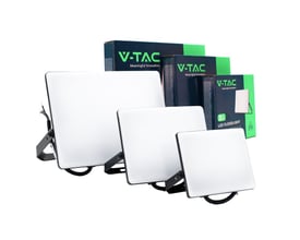 Sæt med tre V-TAC CCT-projektører med matteret front og sorte beslag, vist sammen med deres emballage.