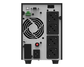 Bagsiden af PowerWalker VFI 2000 AT UPS, der viser strømindgange, blæser og flere udtag til tilslutning af enheder.