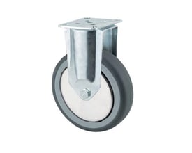Sidevisning af Tente 75mm fast hjul med 75kg belastning, stålkonstruktion og gråt hjul med polypropylen fælg.