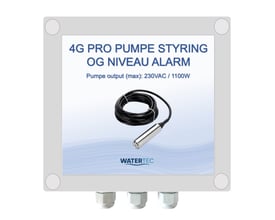 Watertec 4G PRO-pumpestyring med niveaualarm og 230 V-udgang på op til 1100 W samt niveausensor.