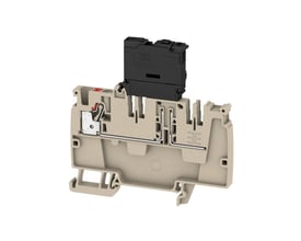 Weidmüller Push IN distributionsklemme, 4 mm², beige med rød markering, viste dens interne mekanismer og push-in tilslutning.