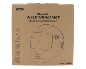Emballagen til Diesella VIPER digital svejsehjelm viser en stregtegning af hjelmen og dens funktioner.