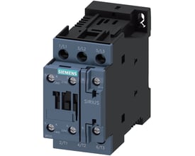 Siemens SIRIUS koblingskontakt 25A, 400V, 3-polet, 1NO+1NC, med skrueklemmer og tydelige mærkninger for tilslutning.