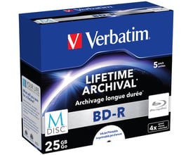 Blå emballage til Verbatim M-Disc BD-R, 5-pak med 25 GB Blu-ray-diske og 4x skrivehastighed.