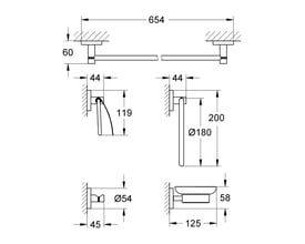 Tekniske måltegninger af Grohe Essentials tilbehørssæt, der viser dimensioner for alle dele i mm.