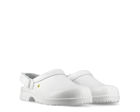 Et par Sika Footwear Fusion Clog ESD træsko i hvid med hælrem, vist på en hvid baggrund.