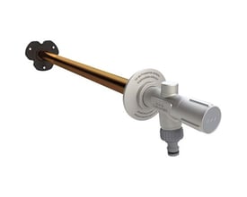 Kemper Frosti plus XL frostfri udendørsventil i rødgods, viser enhedens 260-530mm byggemål med fast greb.