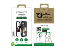 Emballagen til 4smarts E-Ink-coveret med NFC-display til iPhone 17 viser coveret og vejledning i brug.