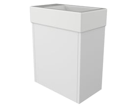 3D-gengivelse af Sanibell Proline håndvask med hvidt porcelænsbassin og matchende hvidt møbel, 40x23x10 cm.