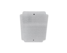 Galvaniseret stålplade til monteringskasse, 100 x 156 mm, med afrundede hjørner og monteringshuller.