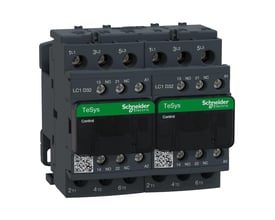 Schneider Electric TeSys D reverserende kontaktor 32A med 24VAC spole, viser 3P hovedkontakter og 2NO+2NC hjælpekontakter.