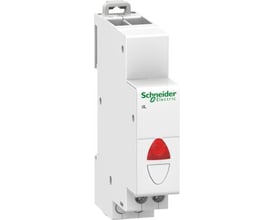 Schneider Electric Acti9 signallampe iIL med rød blink, 110-230V, LED og en bredde på 18mm, vist med en hvid baggrund.