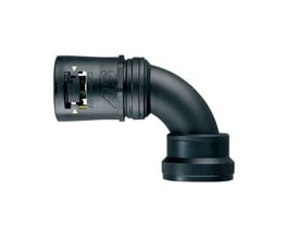 Thomas & Betts Adaptalok ATS 90-graders kabelforskruning til 21 mm rør, set fra siden med sort vinkel og gul detalje.