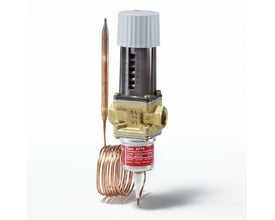 Danfoss AVTA termostatisk ventil med fjernføler til køleapplikationer, viser 3/8" messinggevind og justeringsskala fra 1 til 5.