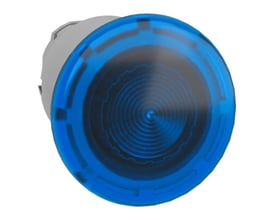 Frontalt nærbillede af Schneider Electric paddetryk med blå LED impuls, 40mm diameter, tydeligt lysende med cirkulær tekstur.