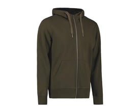 ID Identity hættecardigan i olivenfarvet, størrelse S, med kængurulomme og lynlås.