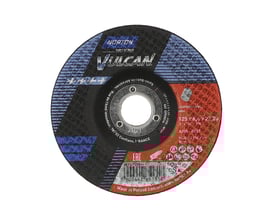 Bagside af Norton Vulcan skrubskive, viser dimensioner 125 x 6.4 x 22.2 mm og produktinformation fra producenten.