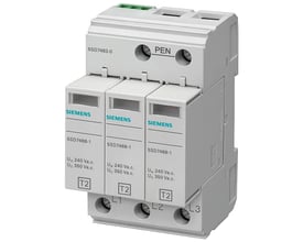 Siemens overspændingsafleder 5SD7 C/T2/II, 350V TN-C. Tre modulære enheder mærket SIEMENS med specifikationer UN 240 Va.c., UC 350 Va.c. og T2.