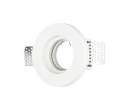 V-TAC GU10 lampe i hvid gips, rund form, vist fra skrå vinkel med monteringsarme i metal.