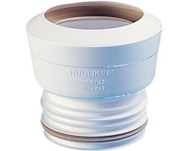 Multikvik koncentrisk tilslutning i hvid plastik til rør fra 90-112 mm, uden kappe og med tydelig logo.