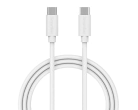 To hvide USB-C til USB-C kabler med en længde på 100 cm lagt i en bue, der viser 'Smartline' logoet på stikkene.