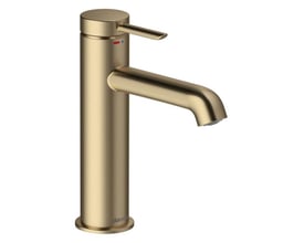 Damixa Iris håndvaskarmatur med ét greb og fast 114 mm tud i børstet bronze, set skråt forfra.