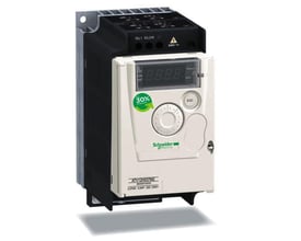 Frontview af Schneider Electric frekvensomformer, model ATV12H037M2, 0,37kW 0,5HP 220/240V, med grøn energibesparende mærkat.