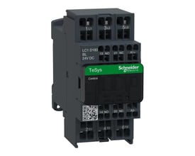 Sidebillede af Schneider Electric TeSys D kontaktor, model LC1D183BL, med 3 poler, 18A og 24V DC spænding, fremviser tilslutningsmuligheder.