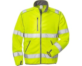 Kansas Fristads Hi-Vis softshell jakke i gul, størrelse L, med grå krave og lynlås.