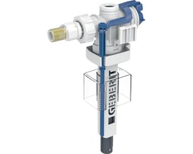 Geberit type 383 svømmeventil med 3/8" messingnippel, set fra siden med fokus på konstruktionen.