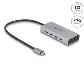 Nærbillede af DeLock USB Type-C hub med 4 porte, der viser USB-C PD port og 10 Gbps mærkning.
