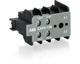 ABB hjælperelæ CAF6-11N med 1NO+1NC konfiguration, vist forfra med tydelig mærkning og skrueterminaler.
