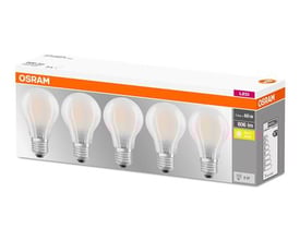 Fem Ledvance LED Base Std pærer i 5 stk. pakke, E27 sokkel, hver erstatter 60W og afgiver 806 lm.