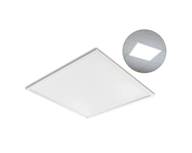Kobi NIRA SLIM hvidt LED-panel med kvadratisk form, vist skråt og med et indsat eksempel på montering i loft.