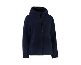 ID Identity navy dame fleece jakke med hætte og sort lynlås, blød teddy kvalitet til overgangsvejr.