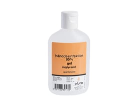 Plum hånddesinfektion som gel i hvid flaske med orange etiket og vippelåg, 120 ml med 85 % ethanol og 6 % IPA.