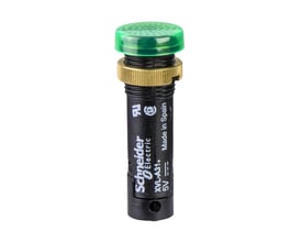 Schneider Electric grøn LED pilotlys med Ø12 mm montagediameter og 48V DC forsyning, vist på hvid baggrund.