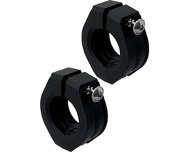 To sorte Geberit FLOWFIT fixpunkter til 16mm rør, vist fra siden med synligt logo og skruer på hvid baggrund.