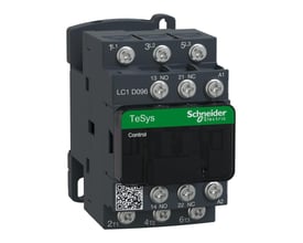 Schneider Electric TeSys D kontaktor med 3 poler, 9A, 230VAC spole og 1NO+1NC hjælpekontakter, vist på grå baggrund.