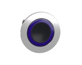 Schneider Electric ZB4F trykhoved med LED-ring i blå og sølv, designet til flush montage i 30 mm huller.
