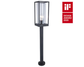 FLAIR bedlampe i sort metal med cylindrisk glas og synlig E27 lyskilde, samt iF DESIGN AWARD 2020 mærkat.